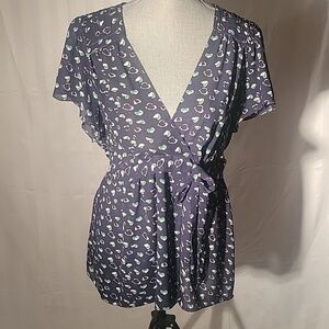 Studio M, Woman's Navy Blue & Green V-Neck, Tie Front Blouse, Size: XL